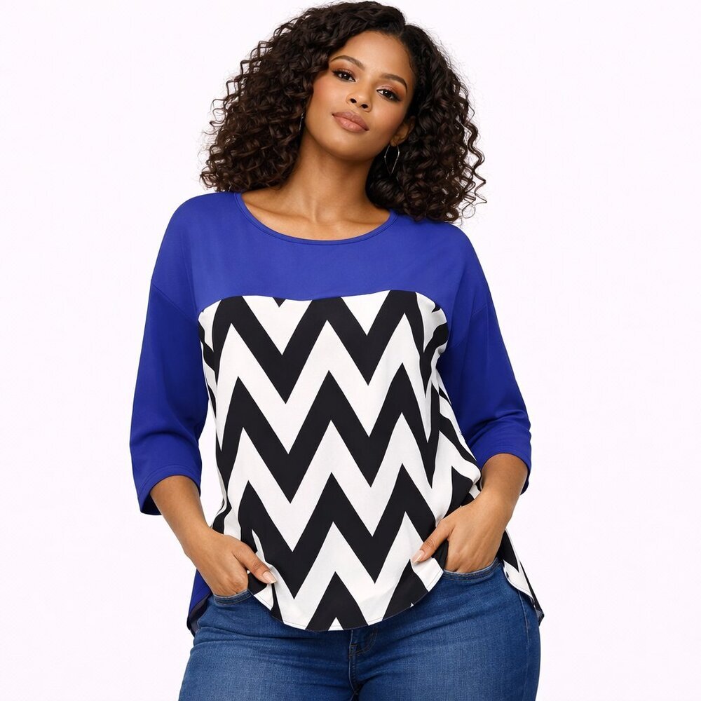 Absolute Angel Blue Chevron High-Low Blouse | Trendy Sheer 3/4 Sleeve Top | Size